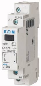 Ein weißer elektrischer Schalter von EATON, Modell Z-BS/S, mit blauen Schraubklemmen, Aufschrift '16AX 250VAC', für Schalttafeln.