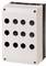 Ein mehrreihiger elektrischer Gehäusekasten mit neun runden Öffnungen, geeignet zum Einbau von Tasten oder Kontrollleuchten.