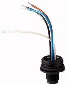 Mehradriger Steckverbinder mit Kabeln in Schwarz, Blau, Rot und Weiß, die aus einer schwarzen Buchse herausragen.