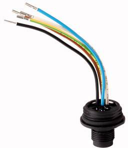 Ein schwarzer Steckverbinder mit sechs herausragenden Drähten in verschiedenen Farben; verwendet für elektrische Verbindungen.