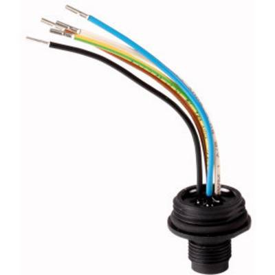 Ein schwarzer Steckverbinder mit sechs herausragenden Drähten in verschiedenen Farben; verwendet für elektrische Verbindungen.