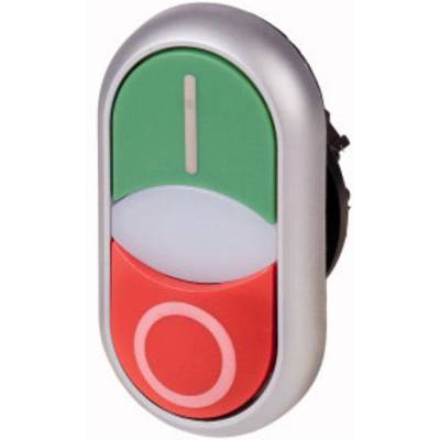 Ein grüner Anknopf mit einem Strichsymbol und ein roter Ausknopf mit einem Kreissymbol auf einem ovalen Bedienelement.