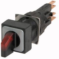 Ein roter Kippschalter in quadratischer Fassung, seitlich betrachtet. Geeignet für elektronische Geräte, mit mehreren Anschlussstiften.