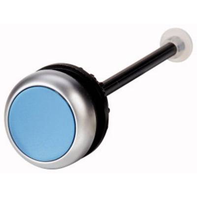 Ein runder blauer Knopf mit schwarzem Schaft und silbernem Rand, möglicherweise ein Auslöser oder Drücker.