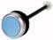 Ein runder blauer Knopf mit schwarzem Schaft und silbernem Rand, möglicherweise ein Auslöser oder Drücker.