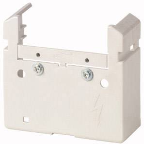 Ein weißer Kunststoffhalter mit Metallteilen und Blitzsymbol, vermutlich für elektronische Geräte oder Bauteile konzipiert.