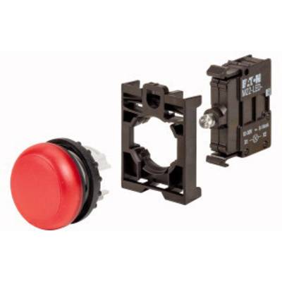 Roter Knopf als Teil eines Schaltersatzes mit Halterung und LED-Modul, bereit zur Montage.