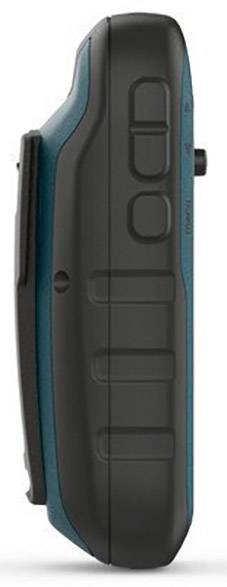 Ein tragbares elektronisches Gerät mit blauer und schwarzer Hülle, Seitenansicht zeigt Tasten und gerundete Kanten.