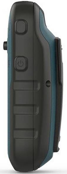 Seitliche Ansicht eines handgroßen, robusten elektronischen Geräts mit Tasten und abgerundeter Kante.