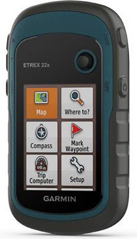 Ein tragbares GPS-Gerät mit einem Farbdisplay zeigt sechs Navigationsoptionen: 'Karte', 'Wo möchten Sie hin?', 'Kompass', 'Wegpunkt markieren', 'Trip-Computer', 'Einstellungen'.