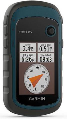 Handheld-GPS-Gerät von Garmin, Modell eTrex 22x, zeigt Geschwindigkeit '2.4 mph', Entfernung '0.51 mi', Ankunftszeit '6:26 PM'.