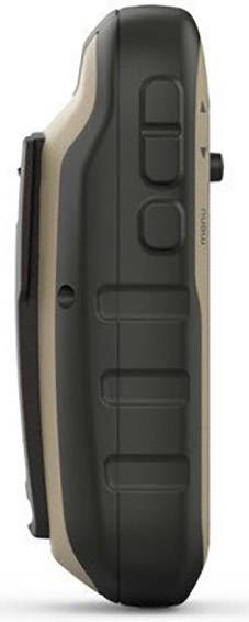 Ein tragbares GPS-Gerät in seitlicher Sicht, zeigt Tasten und robuste Bauweise. Geeignet für Outdoor-Navigation.