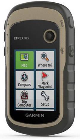 Ein tragbares GPS-Gerät mit Bildschirm zeigt Symbole für 'Karte', 'Wo geht's hin?', 'Kompass', 'Wegpunkt markieren'.