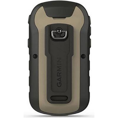 Rückansicht eines tragbaren Garmin-GPS-Geräts, schwarz und beige, mit Gürtelclip in der Mitte.