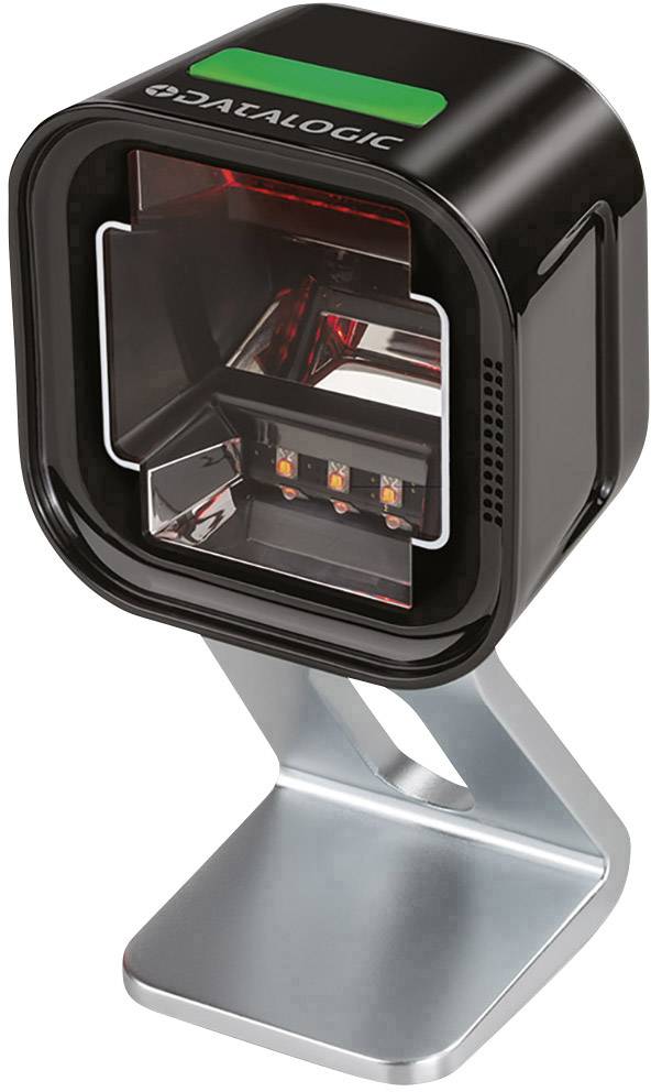 Ein schwarzer Barcodescanner mit roter Innenbeleuchtung auf einem silbernen Ständer, geeignet für den Einzelhandel oder Logistik.