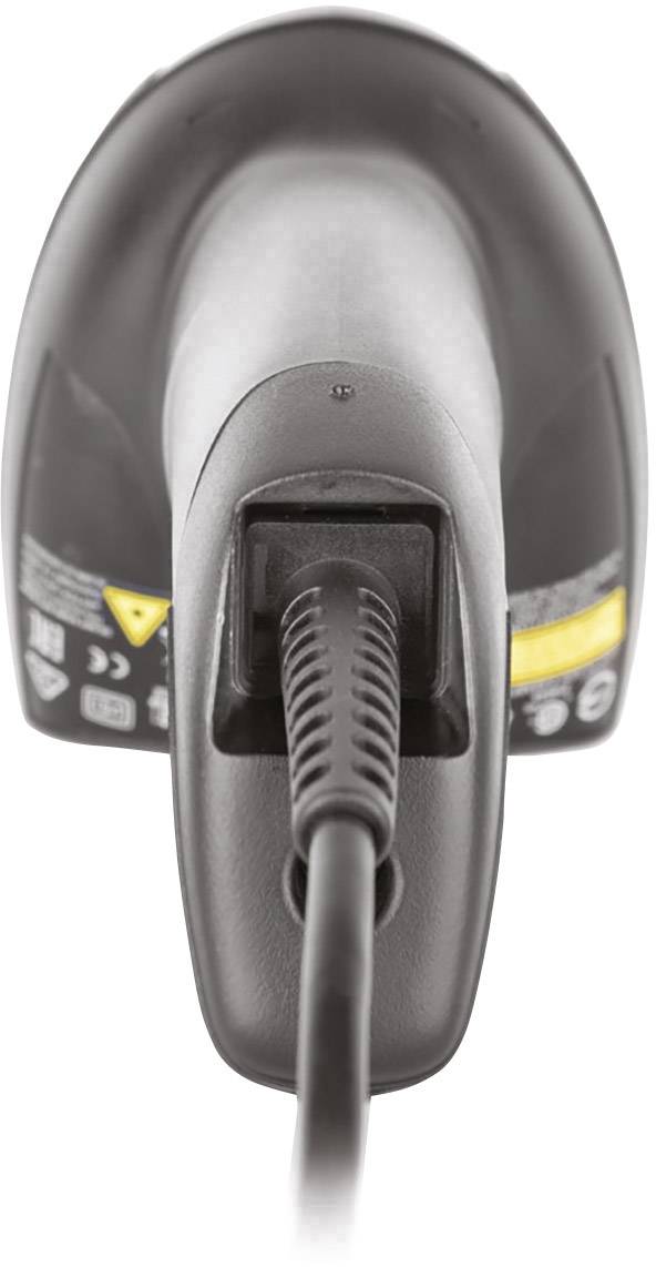 Handscanner, von hinten gezeigt, mit schwarzem Kabel und verschiedenen Informationsetiketten auf der Rückseite sichtbar.