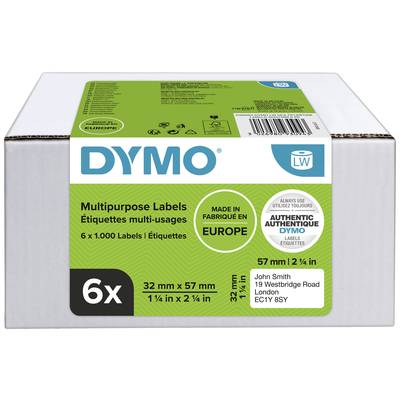 Sechserpack von Dymo-Universaletiketten (57 mm x 32 mm) mit der Aufschrift 'Hergestellt in Europa' und 'Authentisch' auf der Verpackung.