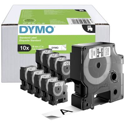 Zehn Dymo-Etikettenkassetten mit schwarzer Schrift auf weißem Grund vor einer Produktbox, geeignet für Dymo-Beschriftungsgeräte.