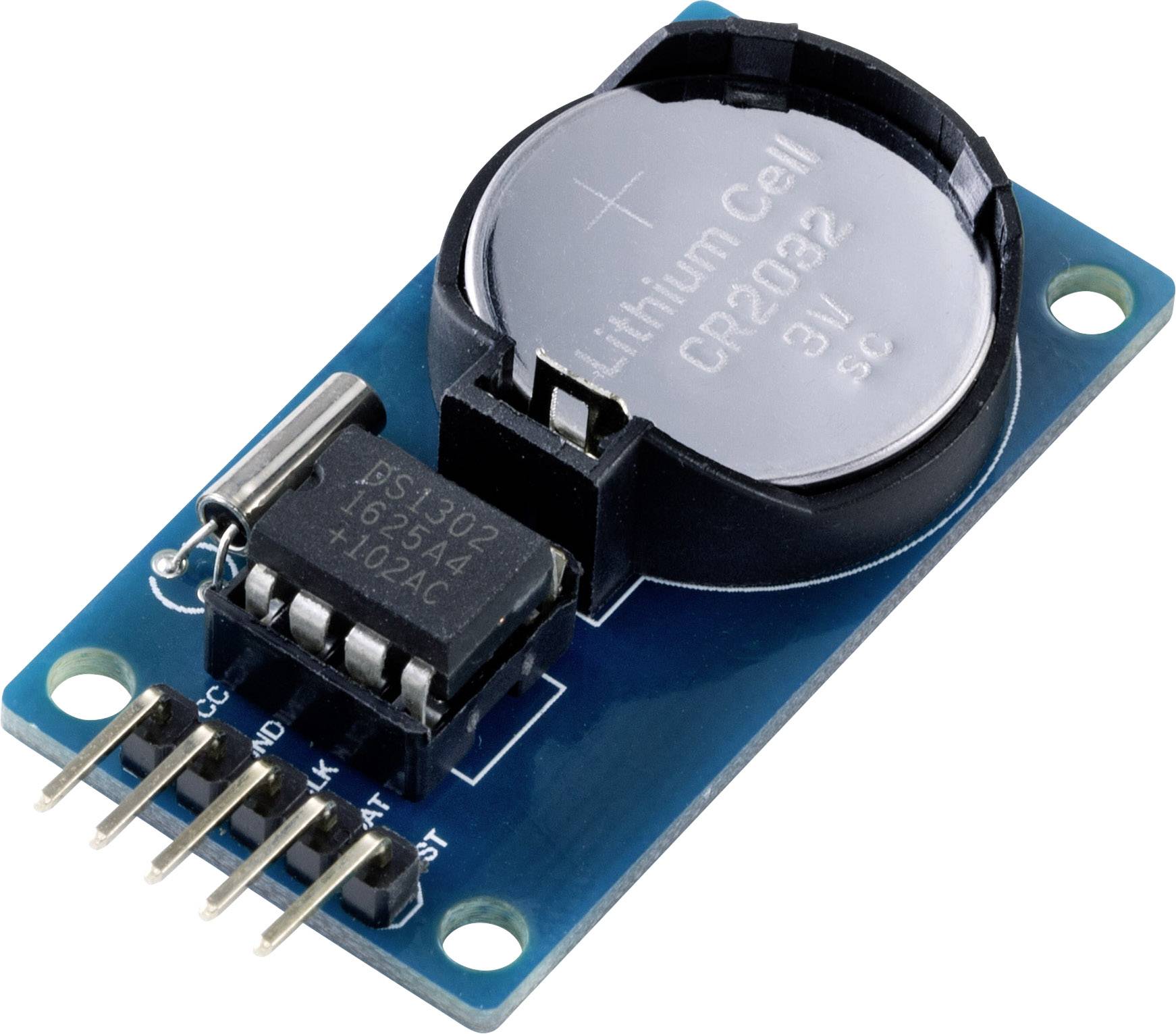 Ein RTC-Modul mit einer Lithium-Knopfzelle (CR2032) und einem integrierten Schaltkreis auf einer blauen Platine, verwendet in Elektronikprojekten zur Zeitmessung.