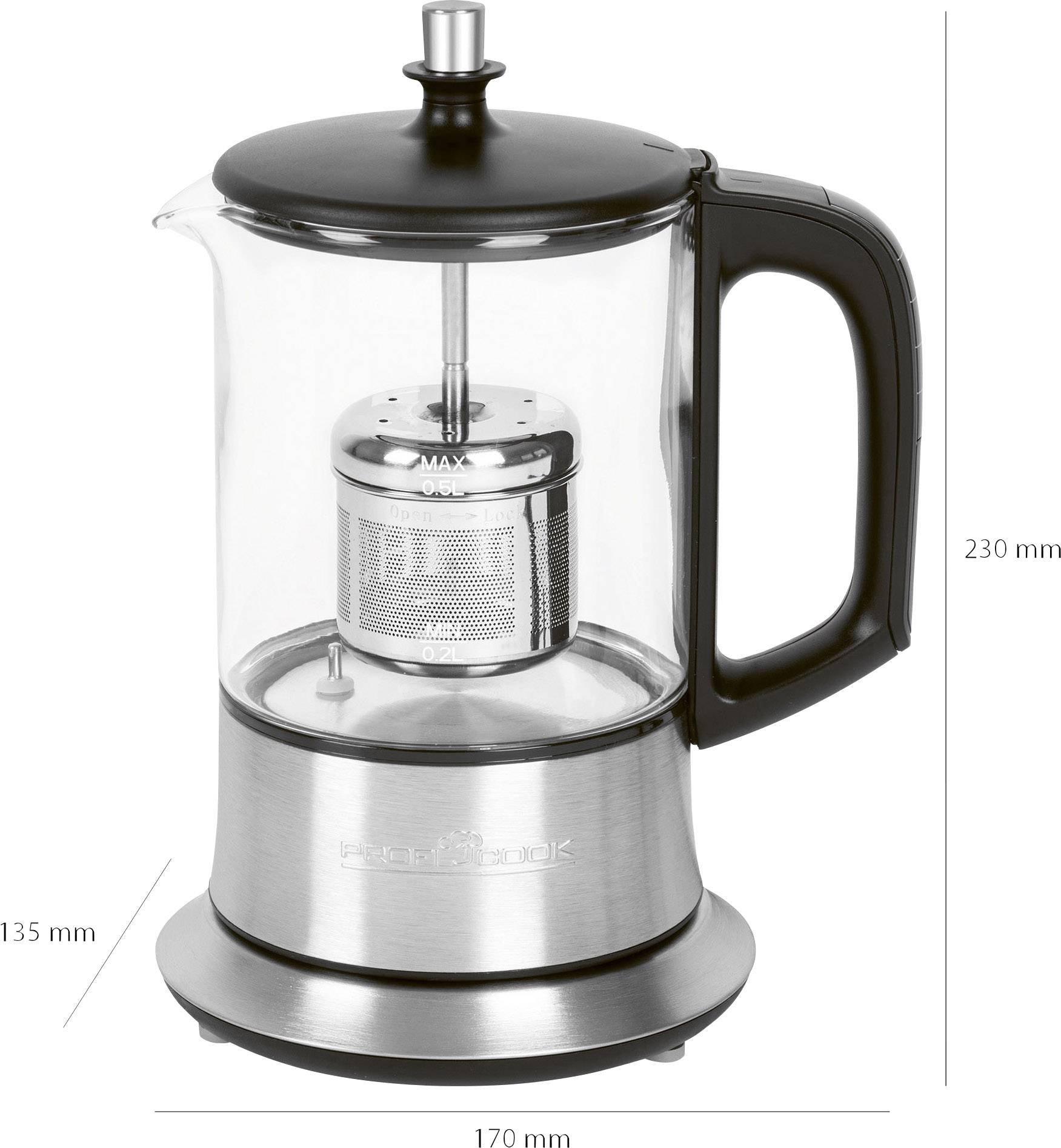 'Elektrischer Teekocher aus Edelstahl, Glas und schwarzem Plastik. Inklusive integriertem Teesieb mit Maximalfüllstandsmarkierung. Maße: 170 mm x 230 mm x 135 mm.'