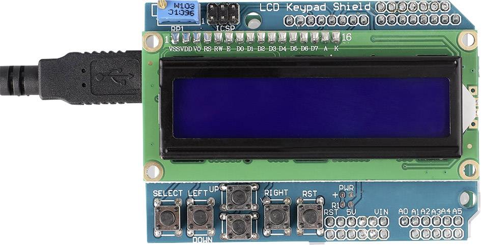 Ein LCD-Keypad-Shield mit Tasten 'Select', 'Left', 'Up', 'Down', 'Right', 'RST' und 'PWR', verbunden über ein USB-Kabel.