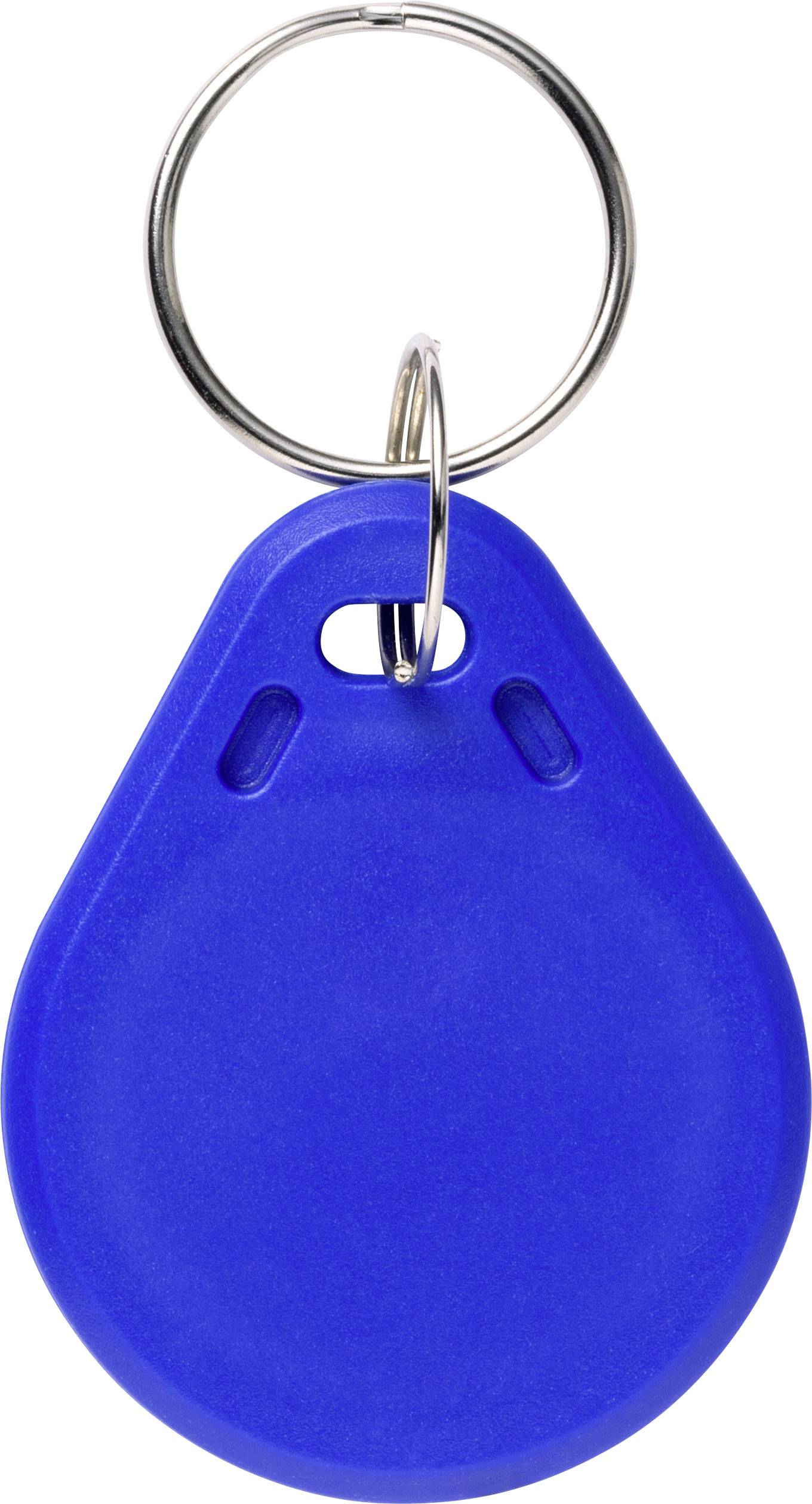 Blauer RFID-Schlüsselanhänger, der an einem Schlüsselring hängt. Genutzt zur kontaktlosen Identifikation oder Zugangskontrolle.