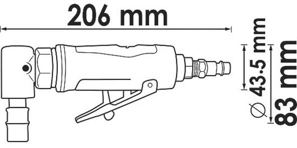 Diagramm eines Drucklufttools mit Abmessungen: Länge 206 mm, Höhe 83 mm und Durchmesser 43,5 mm.