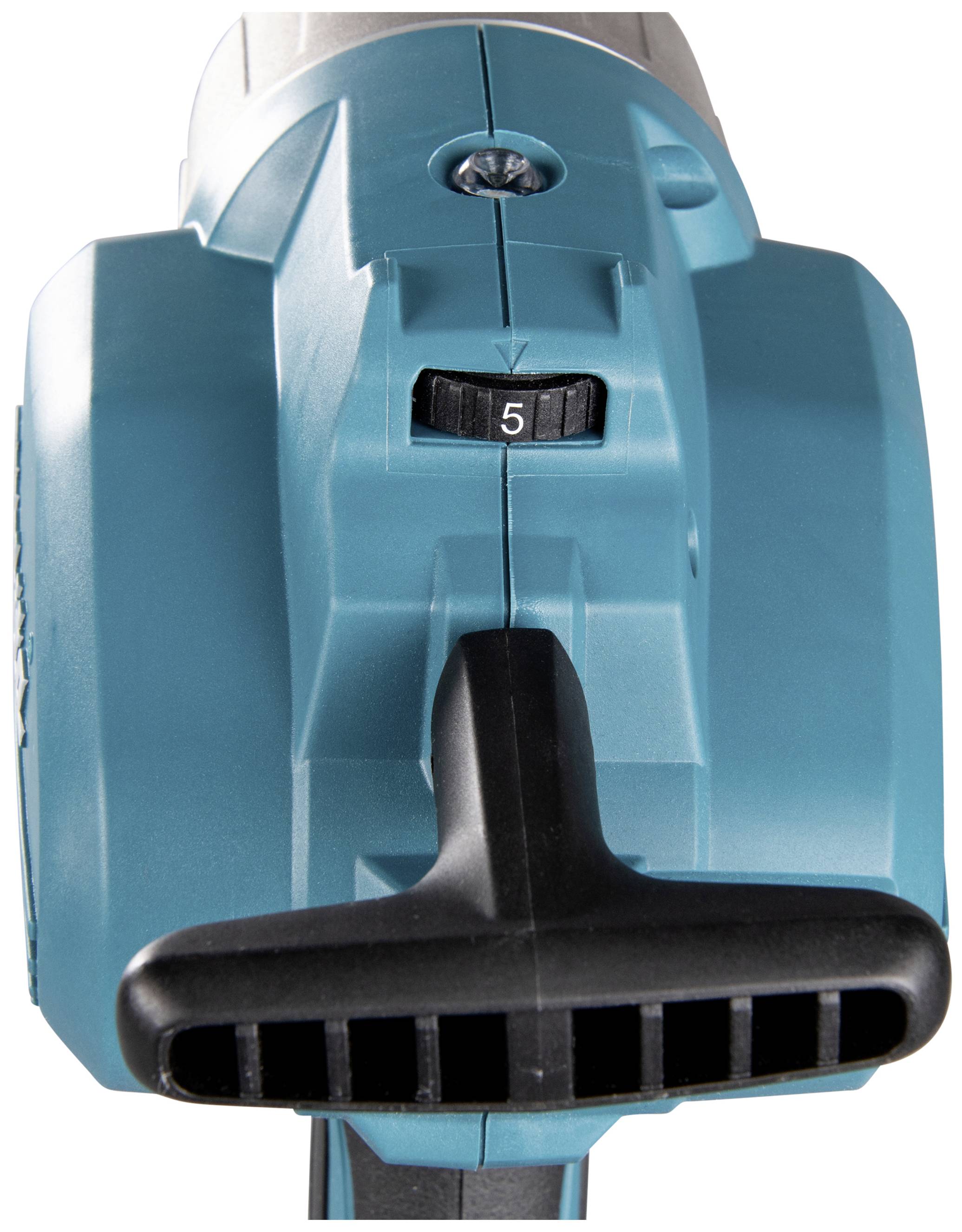 'Blauer Elektrowerkzeug-Griff mit schwarzem T-förmigem Hebel und Rädchen, das bei Einstellung 5 steht.'