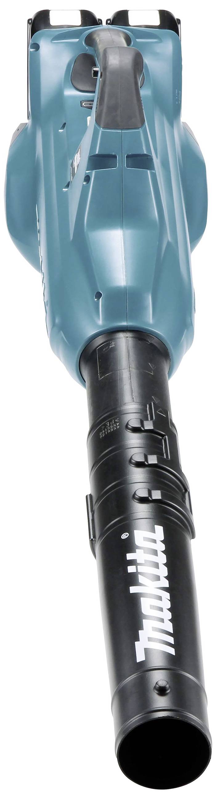 Ein blauer Akkulaubbläser aus Kunststoff von der Marke Makita, mit einem großen Gebläserohr, das Luft nach vorne bläst.