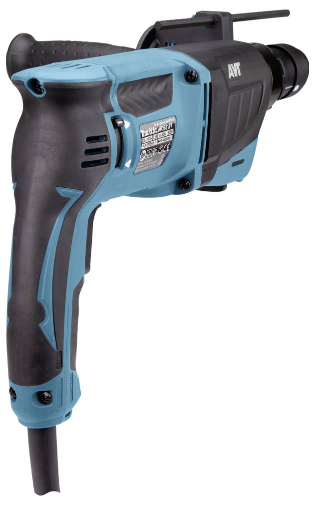 Eine blaue und schwarze Bohrmaschine mit Kabel, ausgestattet mit einem Auslösergriff, einem Etikett mit technischen Spezifikationen und Handhabungshinweisen.