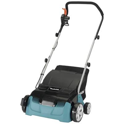 Ein blauer und schwarzer Rasenvertikutierer mit Rädern und einem schwarzen Griff, geeignet für die Gartenpflege.