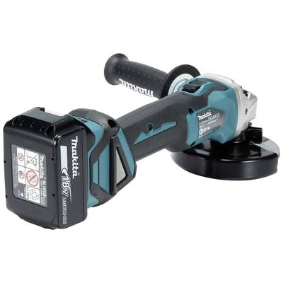 Akkubetriebener Winkelschleifer in Blau-Schwarz von Makita mit 18V Batterie und Seitengriff, ideal für Schleif- und Schneidearbeiten.