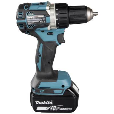 Ein kabelloser Bohrschrauber von Makita mit blauem und schwarzem Gehäuse, 18V Lithium-Ionen-Akku.