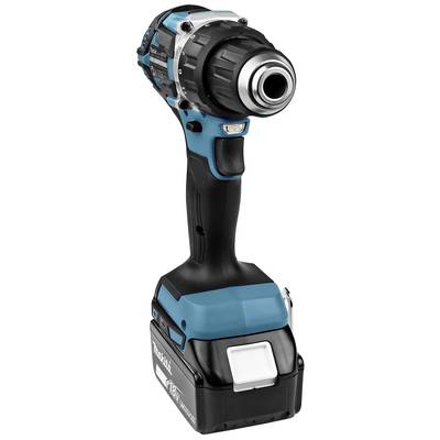 Ein blauer und schwarzer Akkuschrauber, der aufrecht steht. Er zeigt das Markenlogo und hat ein robustes, ergonomisches Design.