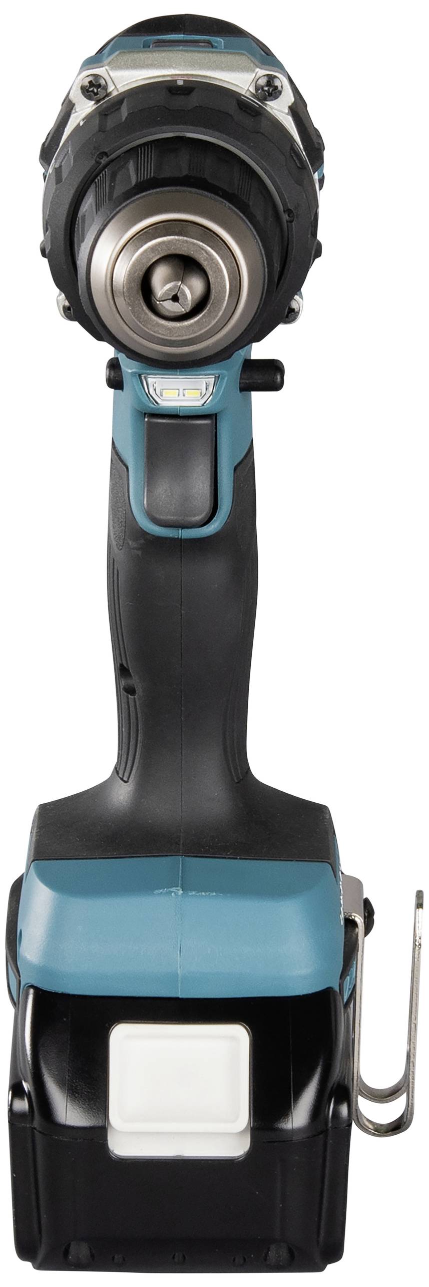 Akku-Bohrmaschine in Nahaufnahme, blau-schwarzes Gehäuse, frontalansicht, mit Metallhaken an der Seite.