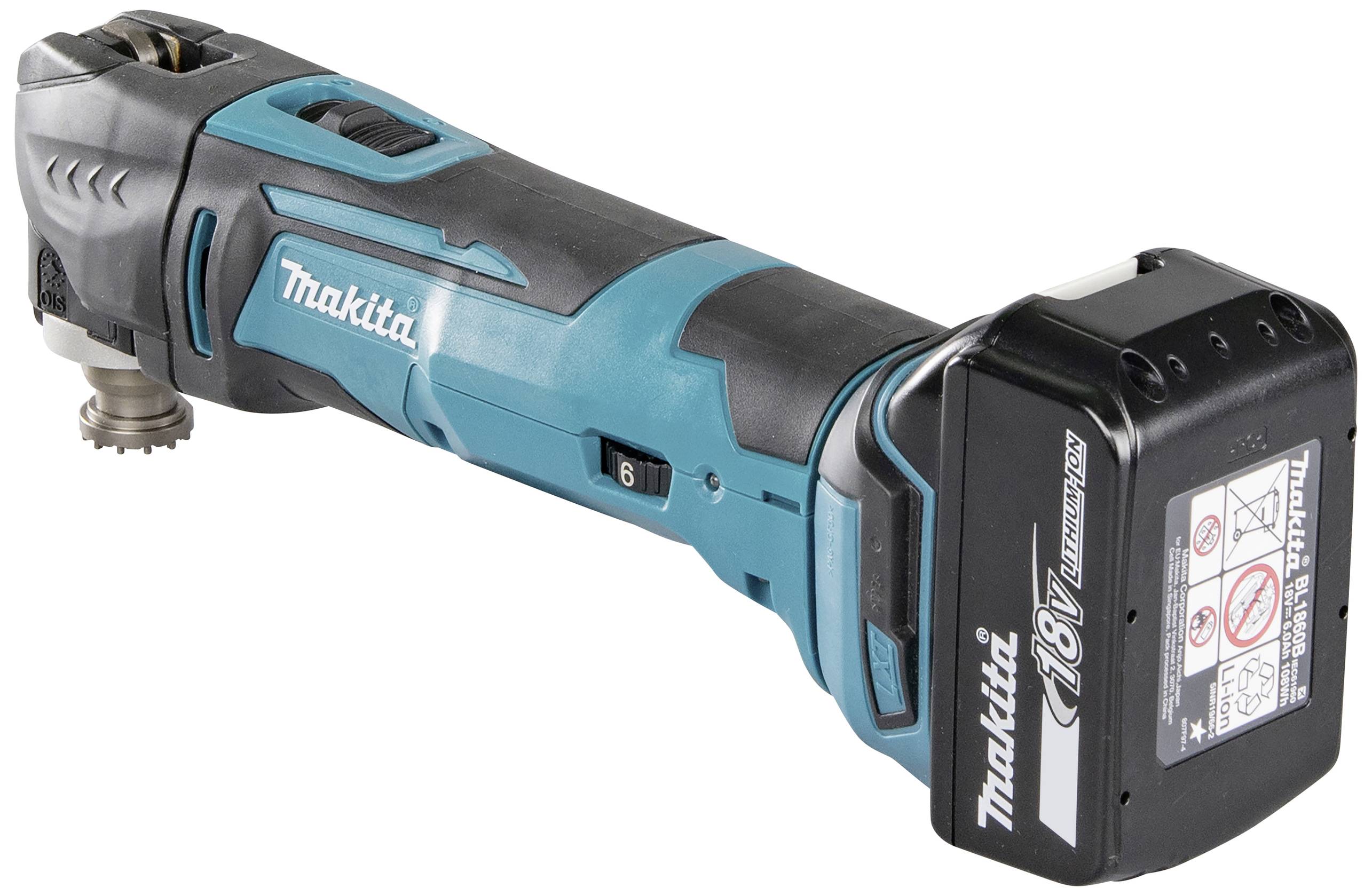 Akku-Multitool von Makita mit blau-schwarzem Design, Batteriefach auf der rechten Seite.