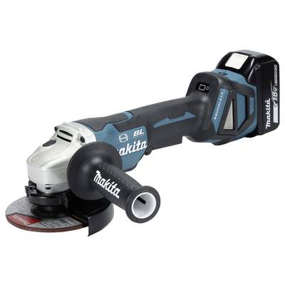 Ein kabelloser Makita-Winkelschleifer mit bürstenlosem Motor, ausgestattet mit einem angebrachten Akku und Seitengriff, konzipiert zum Schneiden und Schleifen.
