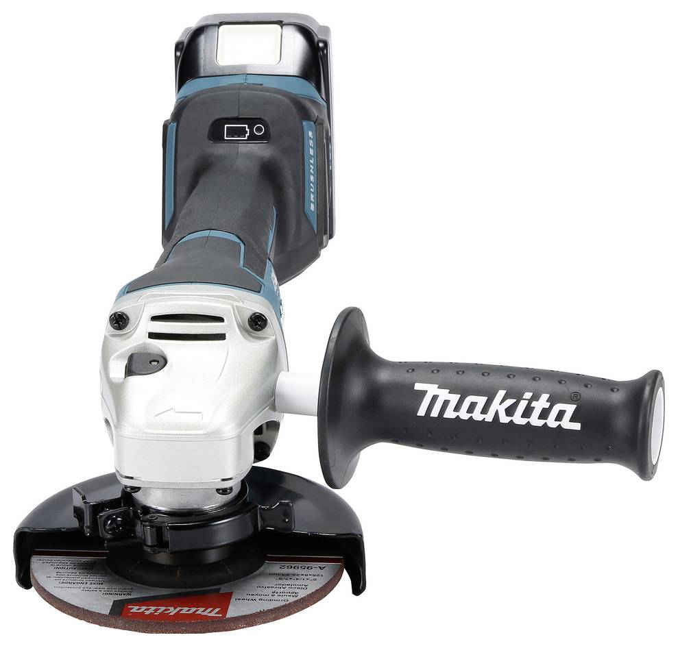 Ein Makita Akku-Winkelschleifer mit einem schwarz-blauen Griff, ausgestattet mit einem Seitengriff für Stabilität und einer rotierenden Trennscheibe für Metallarbeiten.