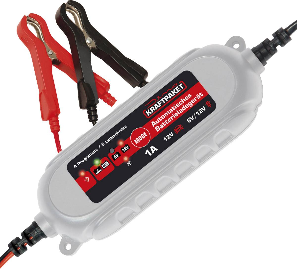 Automatisches Batterieladegerät mit 4 Programmen und Ladestatusanzeige; rote und schwarze Klemmen sind sichtbar.