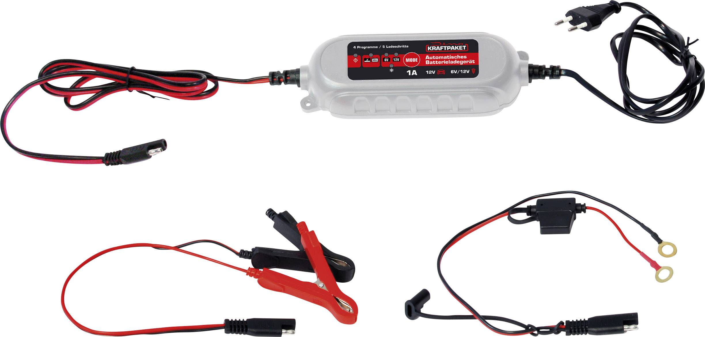 Dino KRAFTPAKET 136315 Automatikladegerät 12 V, 6 V 1 A 1 A Dino Batterieladegerät 6V12V, 4A mit Polklemmen und