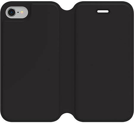 Eine schwarze Handyhülle mit Klappdeckel, passend für ein Smartphone. Aufgeklappt, zeigt es Platz für das Gerät auf der linken Seite.