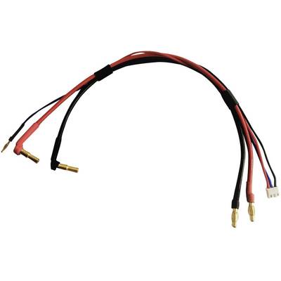 Verschiedene elektrische Kabel mit goldfarbenen Steckverbindern und bunten Drähten an den Enden, wahrscheinlich für Akkuanschlüsse.