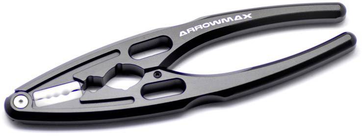 Schwarze RC-Karosserie-Lochzange, 'Arrowmax' Beschriftung auf Griff, für präzises Schneiden, mit ergonomischem Design.