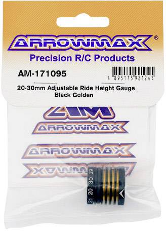Eine Verpackung mit der Aufschrift 'Arrowmax Precision R/C Products', enthält einen verstellbaren Höhenmesser in den Farben Schwarz und Gold.