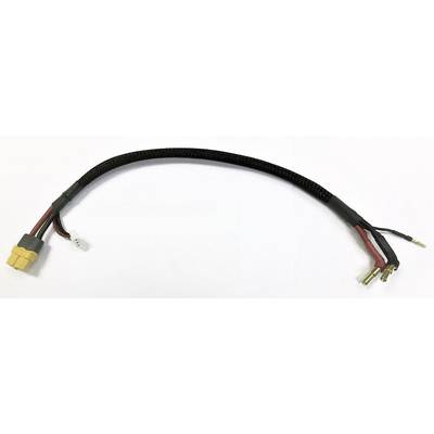 Ein schwarzes Kabel mit einem gelben Stecker auf der linken Seite und drei freiliegenden Enden auf der rechten Seite, auf weißem Hintergrund.