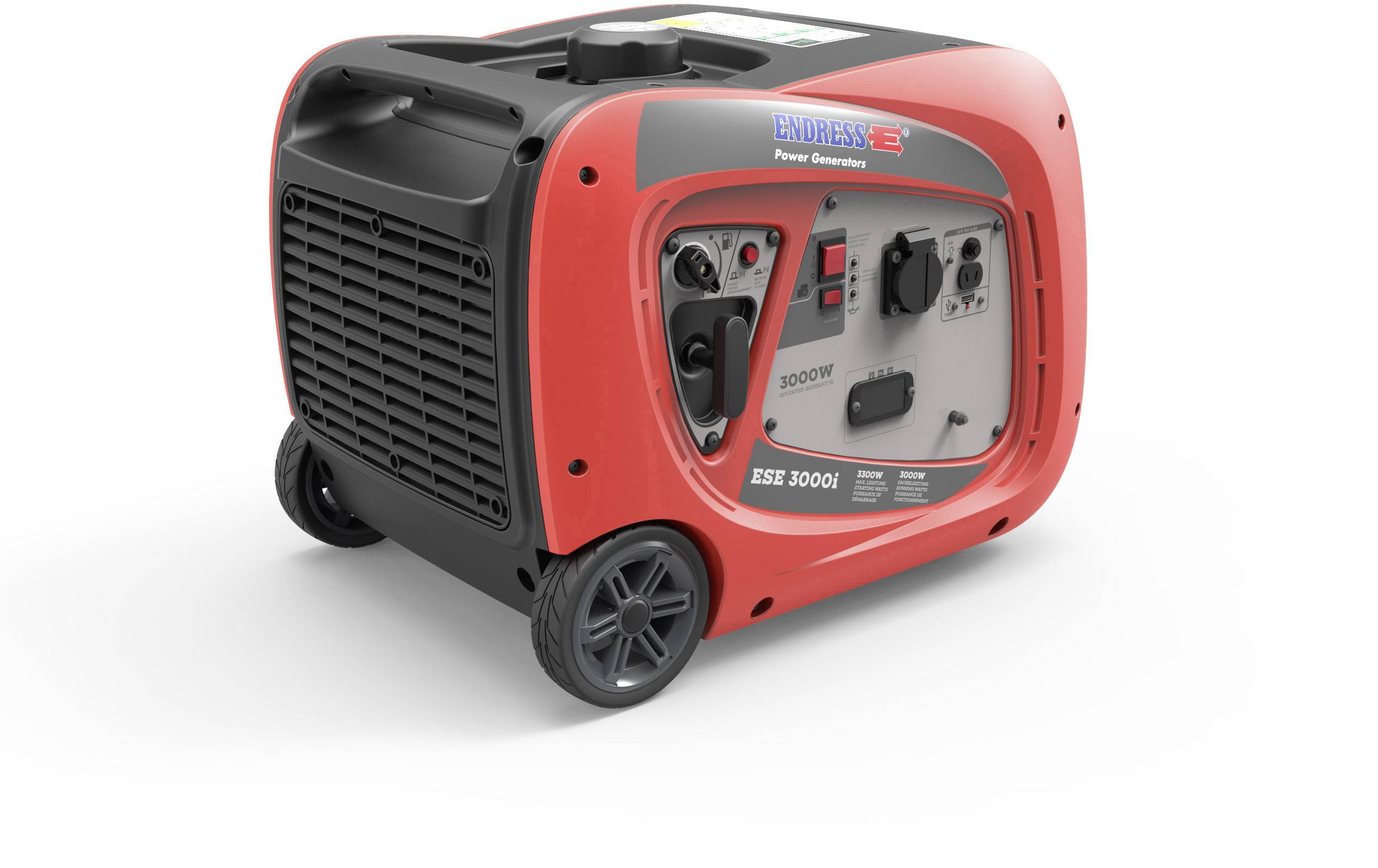 Roter tragbarer Generator mit Rädern und Bedienfeld. Modellspezifikationen '3000i' sind sichtbar. Hauptschalter und Steckdosen erkennbar.