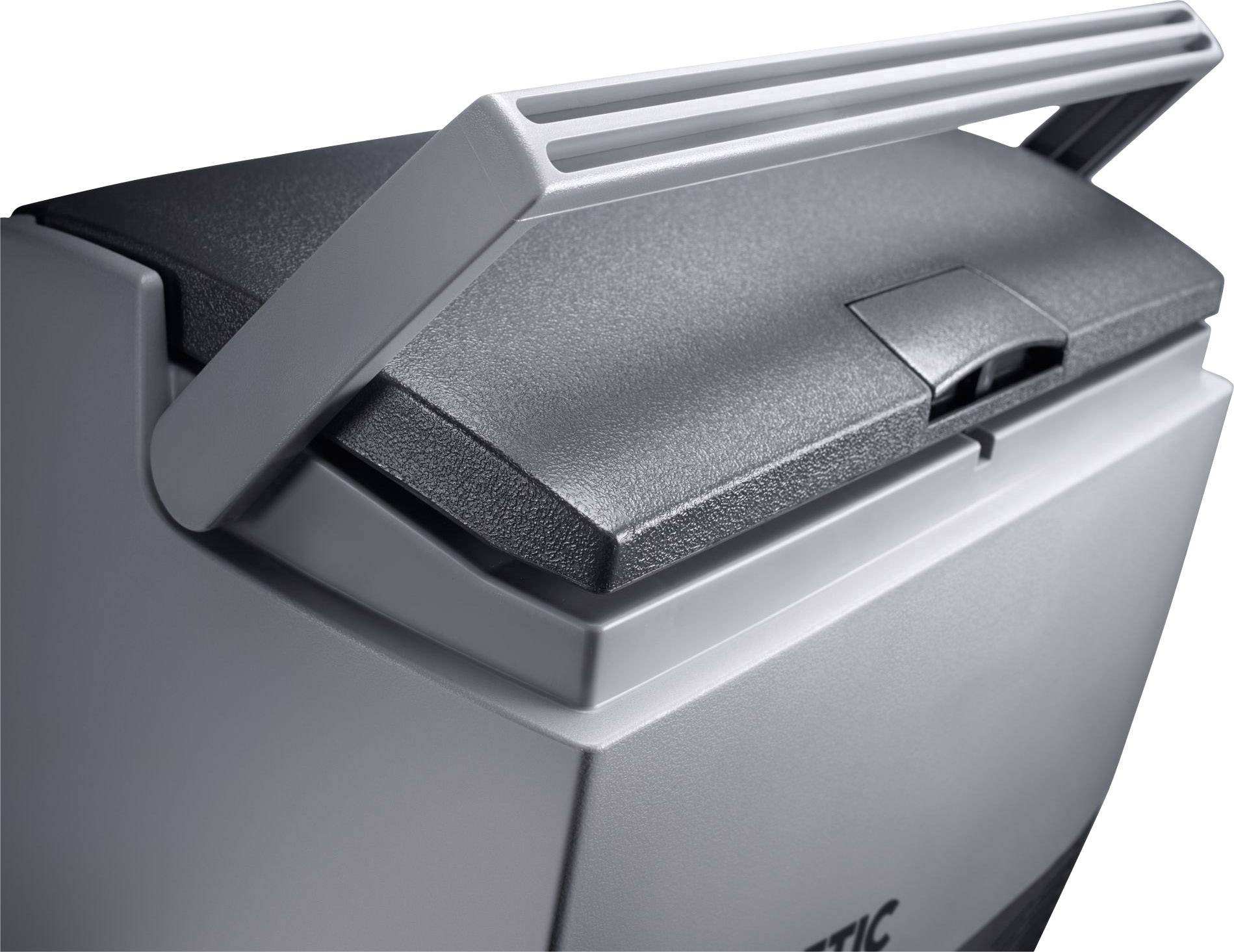 Ein grauer Ice-Cream Maker mit Deckel und Griff.