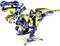 Ein Modellbau-Roboter in Form eines Dinosauriers aus blauen und gelben Bauteilen, mit Zahnrädern und mechanischen Armen.