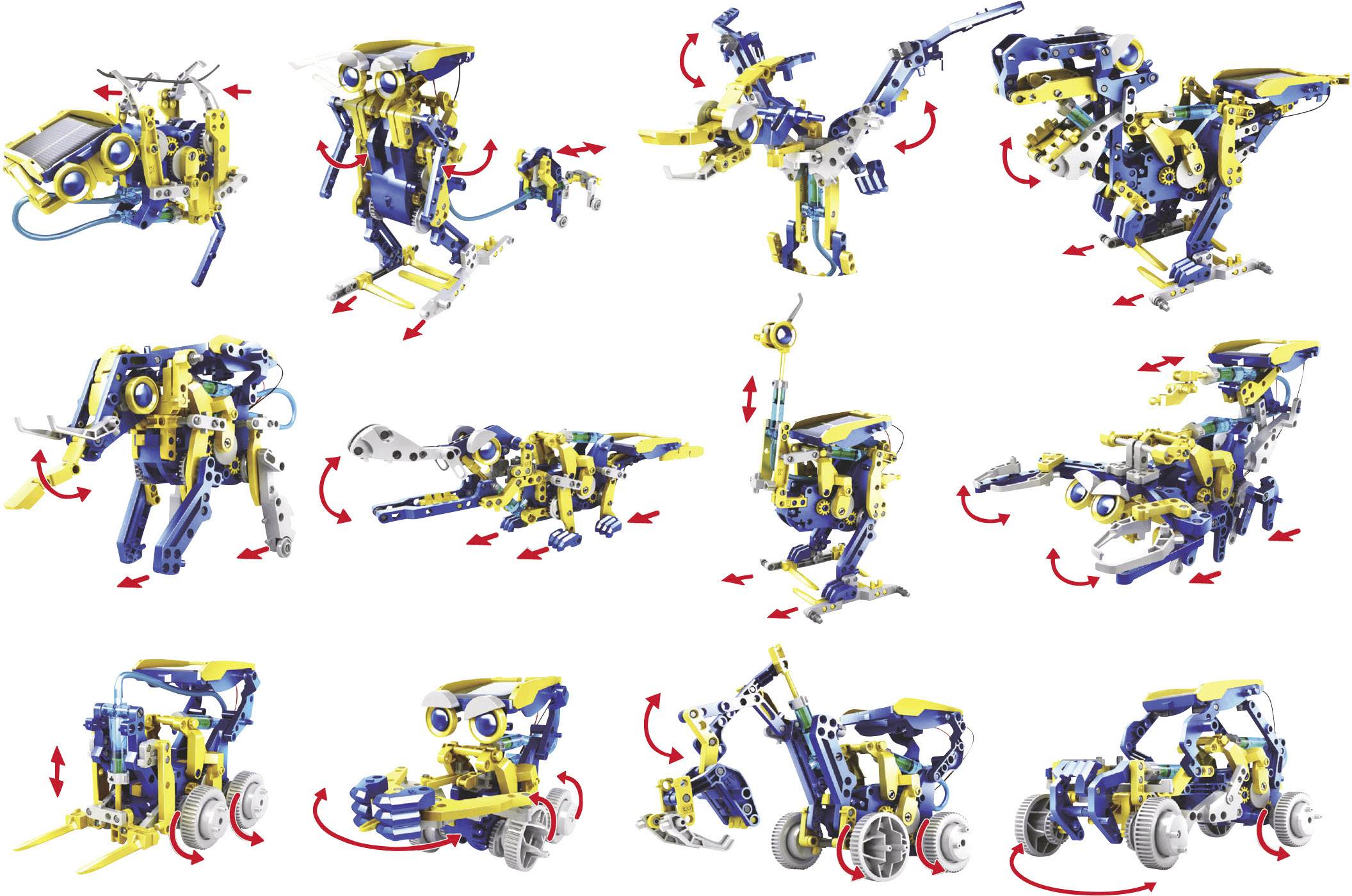 Roboter-Kit mit 12 verschiedenen Modellen, die jeweils unterschiedliche Tiere oder Fahrzeuge darstellen und mit Pfeilen für Bewegungen.