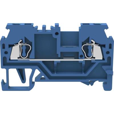 Querschnitt eines blauen elektrischen Anschlussklemmenblocks mit sichtbaren internen Metallverbindungen und Befestigungselementen.